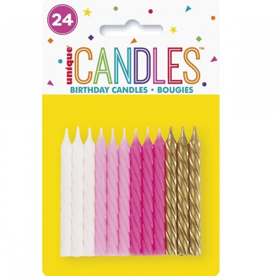 24 Birthday Candles Spiral (Pink, White, Gold)