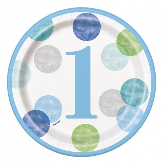 8 Paper Plates First Birthday Blue Dots 17cm