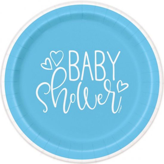 8 Paper Plates Blue Hearts Baby Shower 17cm