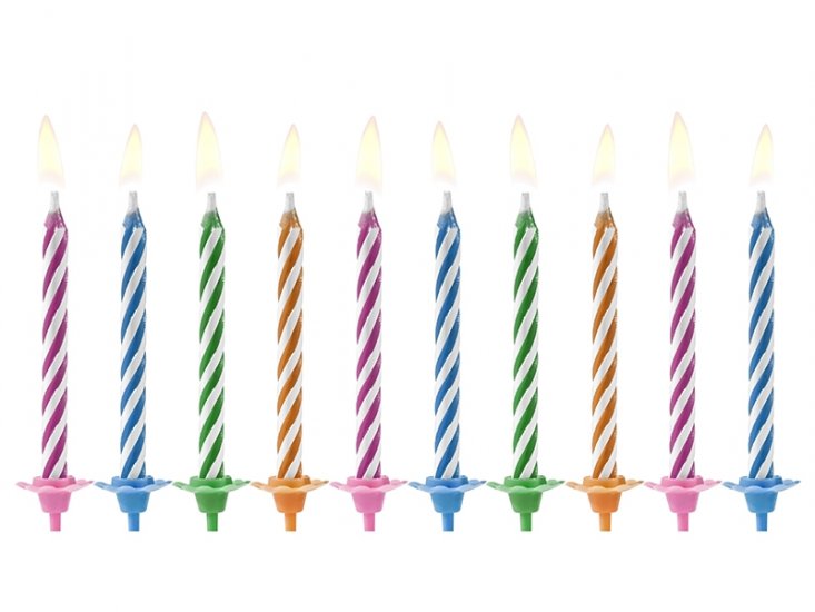 10 Birthday Candles Magic Stripes (assorted Colours)