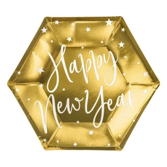 6 Paper Plates 17cm Happy New Year Gold