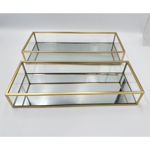 Set of 2 Mirror Trays with Gold Edges Set of 2 Mirror Trays with Gold Edges