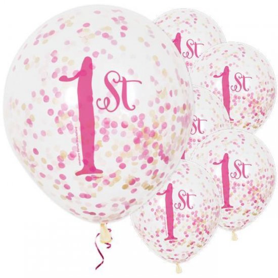 6 Balloons 1st Birthday Clear with confetti 30cm