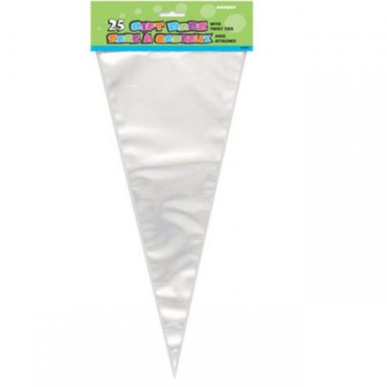 25 Clear Large Cone Cello Bags with Twist Ties37.5cm