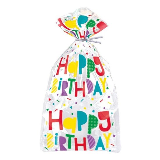 20 Happy Birthday Cello Bags with Twist Ties 13cmX29cm