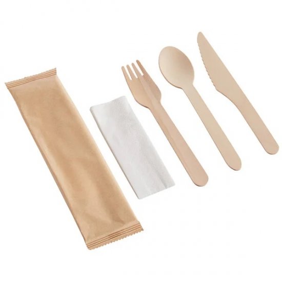 Set Wooden Fork, Knife, Spoon & Napkin