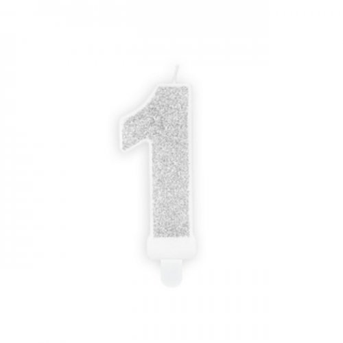 Numeral Candle 1 silver glittery Numeral Candle 1 silver glittery