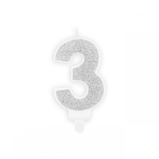Numeral Candle 3 silver glittery