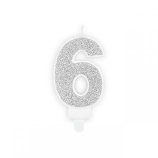 Numeral Candle 6 Silver Glittery