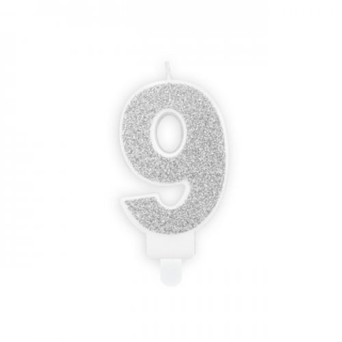 Numeral Candle 9 Silver Glittery Numeral Candle 9 Silver Glittery