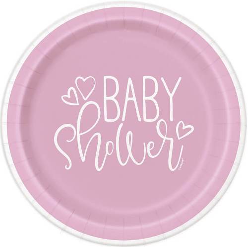 8 Paper Plates Pink Hearts Baby Shower 17cm